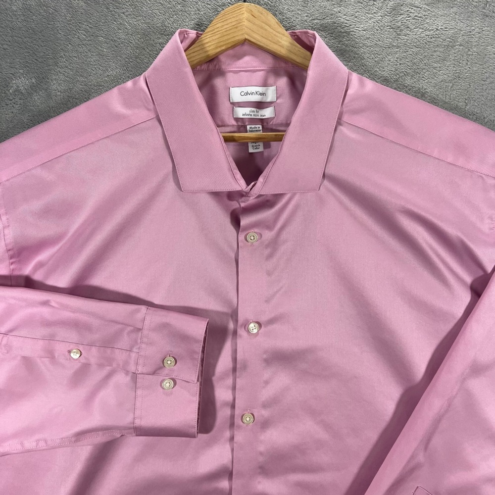 CALVIN KLEIN Dress Shirt Mens 20 34/35 Pink Slim Fit Infinite Non Iron Office